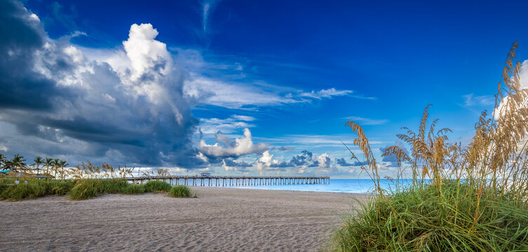 Early morning clouds over the Gulf of America formally the Gulf of Mexico at the Venice Pier in Venice Florida  in southwest Florida USA