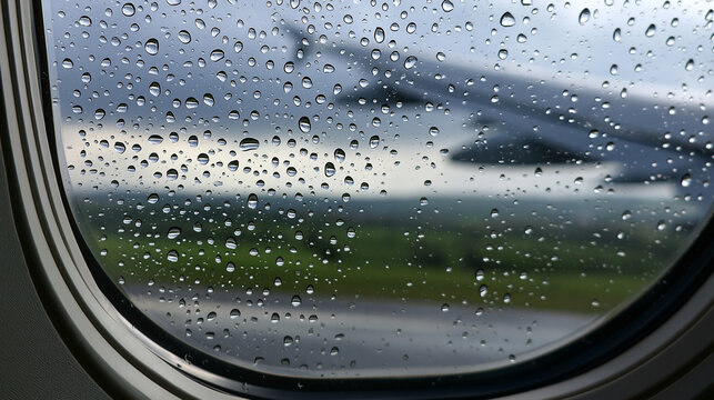 Elegant photo of Rain drops on an airplane window looking out at the wing and runway. Travel concept for flight delay or weather challenges.