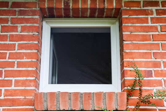 Window in red brick wall with autumn berries