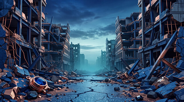 Ruined city street with destroyed buildings and rubble in a post apocalyptic urban wasteland at twilight