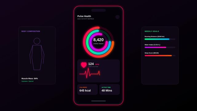 Digital Fitness Tracker Dashboard Interface Showing Daily Health Metrics and Activity Monitoring Data