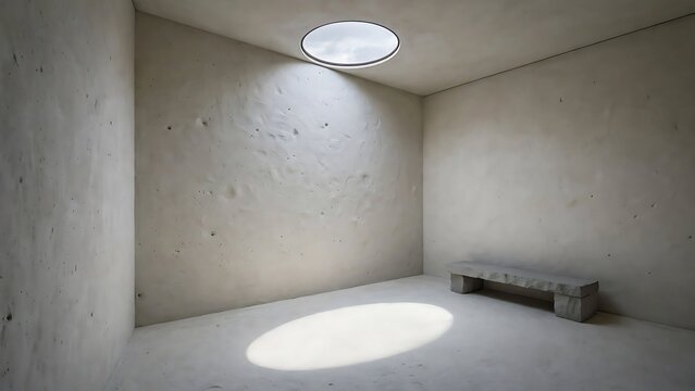 Minimalist Room With Circular Skylight and Stone Bench