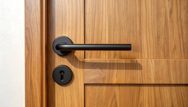 Wooden door featuring a matte black metal handle and keyhole escutcheon plate against natural timber grain. Concept for modern interior design, architectural hardware, and home styling.