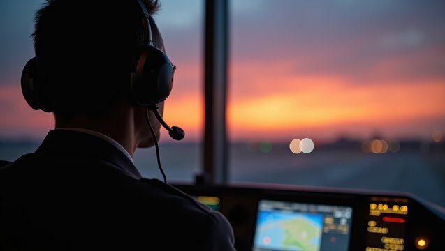 Pilot wearing headset looking at sunset sky from airplane cockpit. Silhouette of man flying aircraft at dusk. Aviation profession, flight navigation and air travel concept
