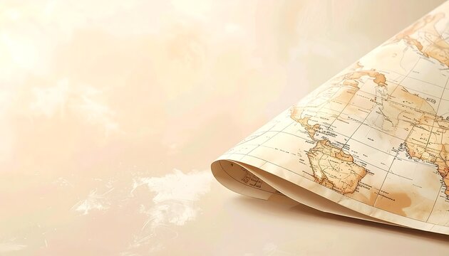 Clean studio stock photo of an old folded geographical paper map laid out on a light background surface. Concept for navigation, travel planning, geography education, and route exploration.