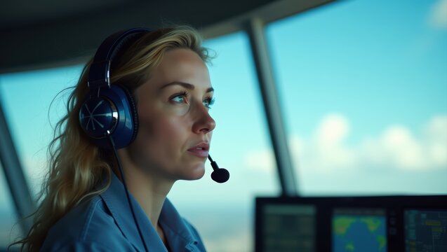 Woman air traffic controller wearing headset in control tower. Female dispatcher looking out window at sky monitoring flights on radar screens. Aviation safety and airport operations concept.