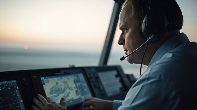 Pilot in headset using navigation display on airplane dashboard at sunset. Man flying aircraft and monitoring map on control panel