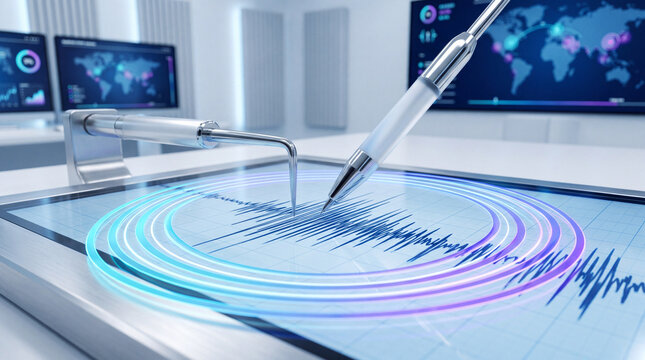 Digital seismograph recording earthquake waves on futuristic touch screen in scientific monitoring center