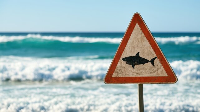 Warning sign with shark silhouette on sandy beach with ocean waves background under clear blue sky during daytime