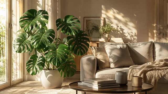 sunlit livingroom monstera plant beige sofa cozy interior scene