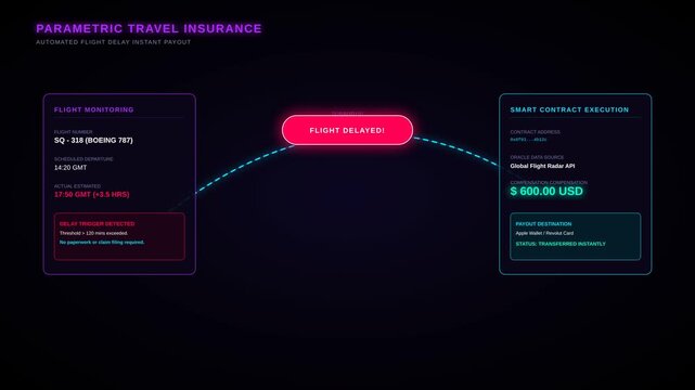 Parametric Travel Insurance Concept Showing Automated Flight Delay Payout Using Smart Contract Data