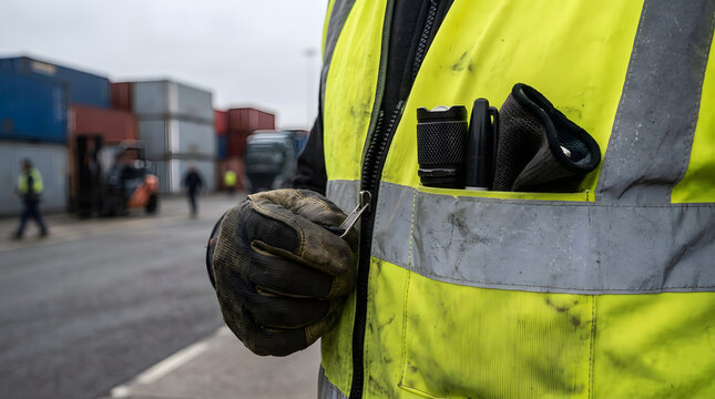 Close-up of a logistics worker wearing a dirty high-visibility neon yellow safety vest with a flashlight and pen in the pocket while working in a busy industrial shipping container yard cargo terminal