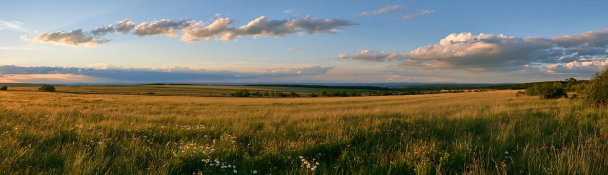 German foothill meadow at sunset with rolling hills and clouds