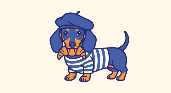 French dachshund vector illustration, cute sausage dog wearing beret and striped shirt, cartoon wiener dog with croissant