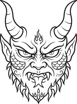 Black white demon devil face horn simple line art illustration