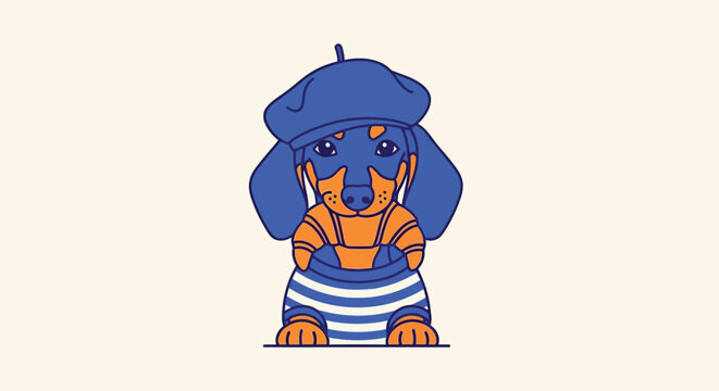 French dachshund vector illustration, cute sausage dog wearing blue beret and striped shirt, wiener dog holding croissant