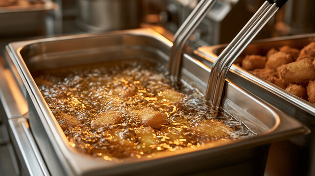 Elegant photo of Deep fryer with bubbling oil cooking food in a stainless steel kitchen vat. Perfect for professional catering and restaurant industry concepts.
