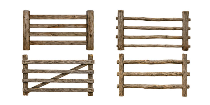 Collection of four rustic wooden fence panels with weathered timber rails and posts, featuring varied traditional farm and countryside designs, isolated on a clean white background.