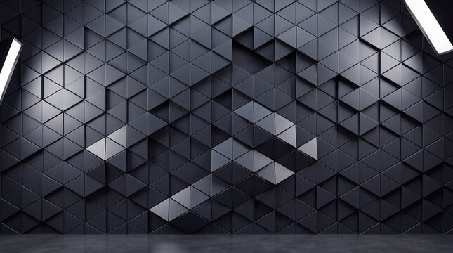 Abstract dark 3D geometric triangular wall texture with moody studio lighting and minimalist architectural pattern background design