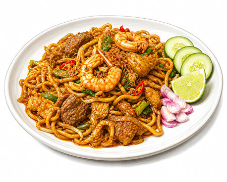 Traditional Indonesian spicy noodle dish from Aceh, featuring thick noodles cooked with aromatic spices, vegetables, and savory toppings.