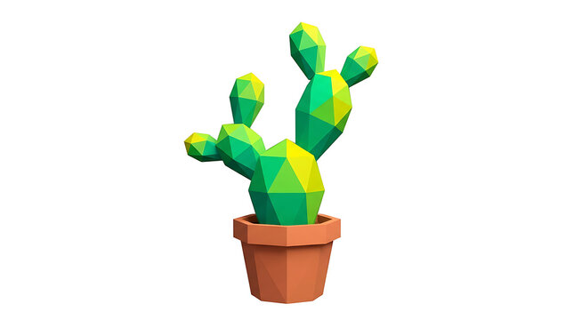 Cactus in terracotta pot with green and yellow low poly geometric design for home decor or gardening graphics.