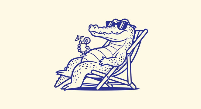 Vintage crocodile character relaxing on beach chair, retro alligator mascot with cocktail and sunglasses, summer vacation vector