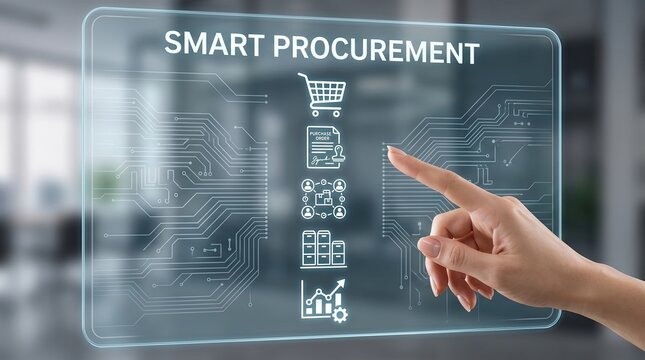 Hand touching a transparent screen displaying the words smart procurement and icons