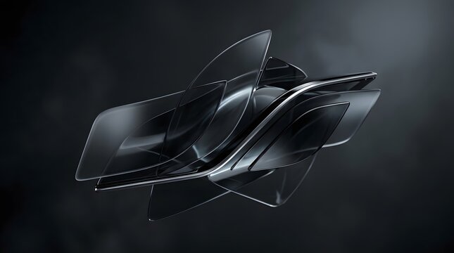 A futuristic dark metallic spaceship floating in deep space against a moody abstract background featuring soft lighting and sharp geometric details