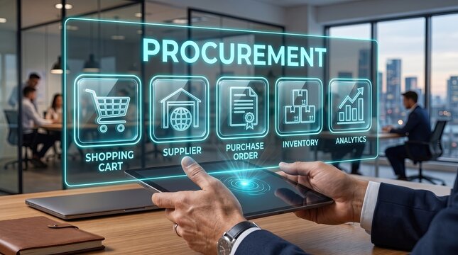 Procurement concept with digital interface and blurred office environment in background