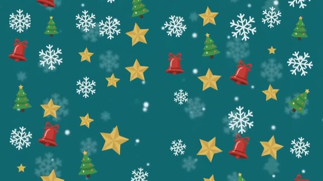 Festive seamless pattern with sparkling stars, red bells, green Christmas trees, and white snowflakes on a vibrant teal background, ideal for holiday season designs