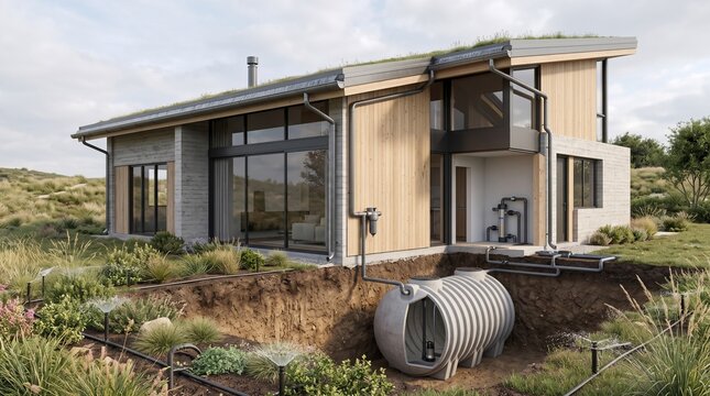 Sustainable modern house with underground septic tank, eco-friendly home with rainwater harvesting system, green architecture