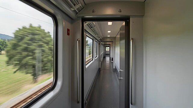 train carriage interior corridor view with windows overlooking countryside landscape