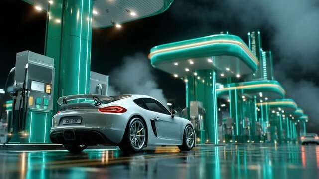 Futuristic Gas Station: A sleek, modern sports car with a prominent spoiler is parked at a brightly lit, retro-futuristic gas station at night, surrounded by glowing lights and wisps of steam.
