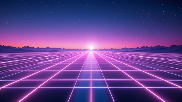 neon grid landscape at night with purple glow and starry horizon