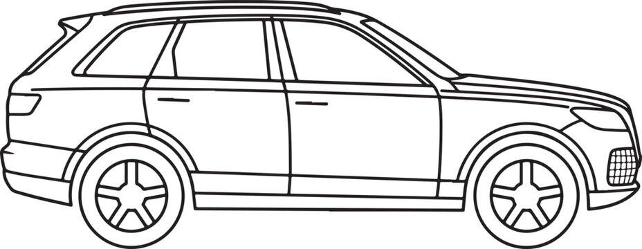 Hand drawn black white luxury SUV car line art illustration