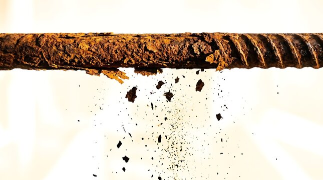 Severe rusty rebar flaking and crumbling isolated on transparent background. Industrial construction corrosion concept.