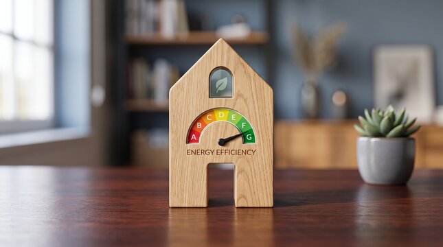 Wooden house model with energy efficiency rating scale, sustainable home heating concept, eco friendly building insulation
