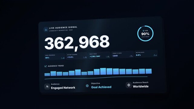 Animated digital dashboard showing audience growth reaching a four hundred thousand milestone.