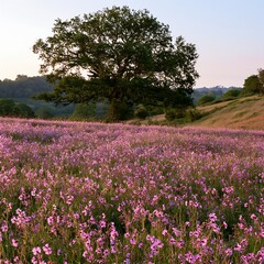Obraz premium Pink campion meadow with trees in a natural setting