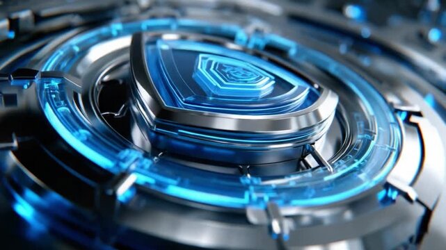 Abstract Blue Technology: A close-up, high-tech abstract of interlocking metallic rings and glowing blue neon lights, suggesting advanced machinery and futuristic innovation.