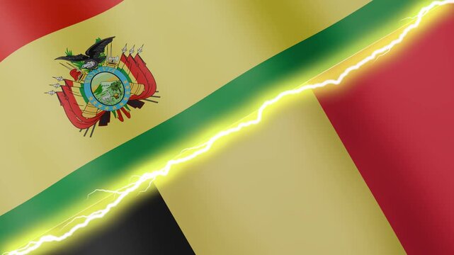 Two waving flags Bolivia and Belgium with diagonal lightning seamless, 4k loop