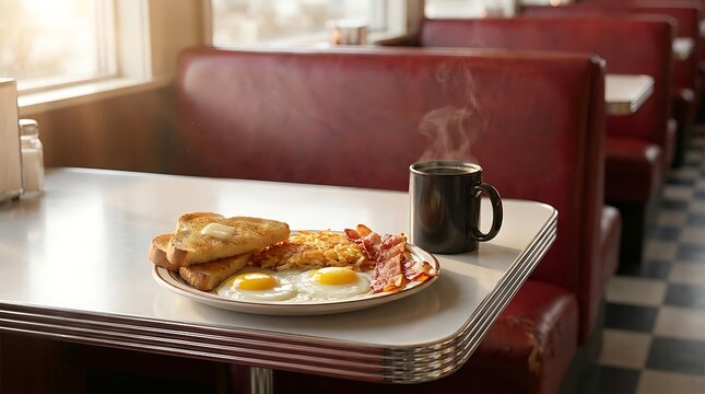 Delicious breakfast plate with eggs toast and bacon served with hot coffee in a retro style diner. diner breakfast
