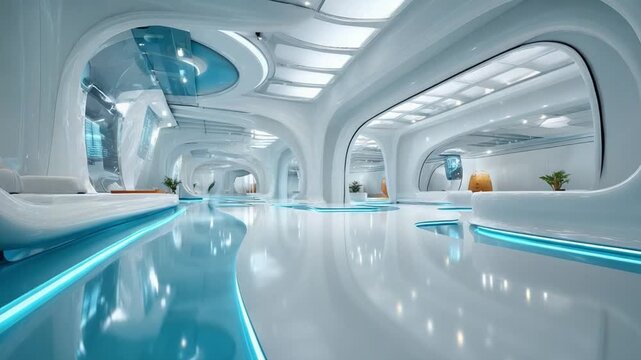Futuristic Interior Design: A spacious and modern interior space with clean, white curved walls and a reflecting pool illuminated by cool blue LED lights, evoking a sense of futuristic elegance.