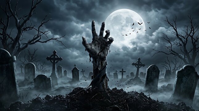 Zombie hand rising from grave in spooky graveyard under full moon for dark Halloween night background