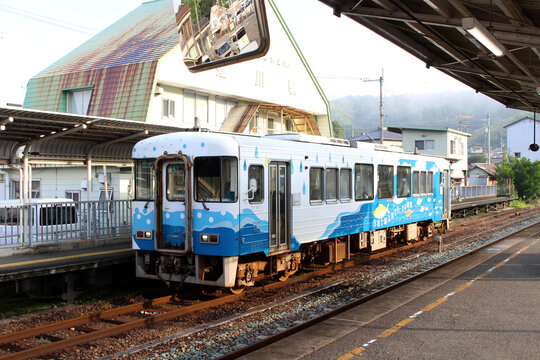 Railway Platform and Local Blue Train at Kubokawa Station near Iwamotoji Temple 37 on Shikoku Henro Pilgrimage, Kochi 2026