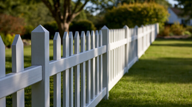 Elegant photo of A crisp white picket fence stands in a lush green backyard on a sunny day. Symbolizes the classic American dream and suburban home ownership.
