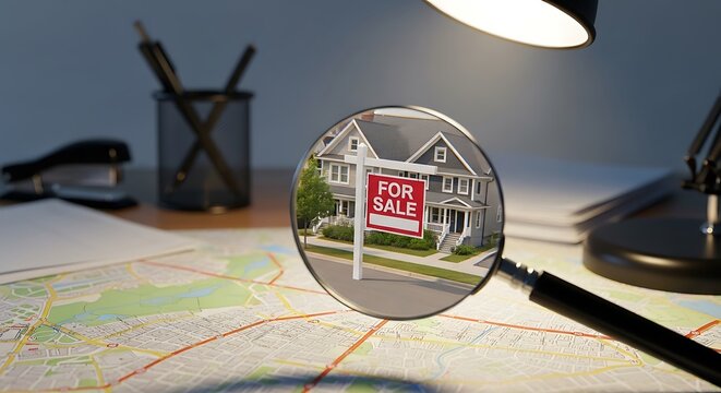Magnifying glass inspecting a suburban house with a 'For Sale' sign on a map