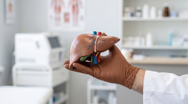 Medical professional holding realistic human liver anatomical model inside modern bright clinical office consulting room environment