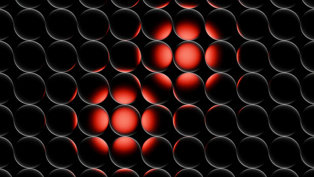 A glowing red arrow points left on a dark grid of spheres