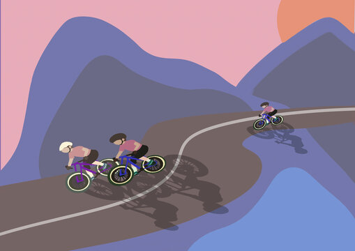 Bicyclists are racing on a winding mountain road at sunset